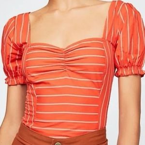 FREE PEOPLE Red Striped Short Sleeve Cropped Top